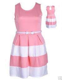Pink Blocked Textured Flared Dress With Bow Belt