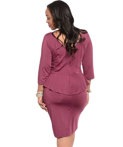 BURGUNDY GOLD STUDDED 3/4 HAND PEPLUM PLUS DRESS