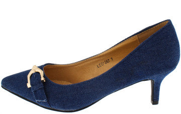 DENIM BUCKLE POINTY TOE KITTEN HEEL