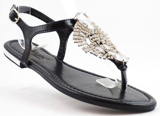 BLACK FAUX LEATHER EMBELLISHED THONG SANDALS