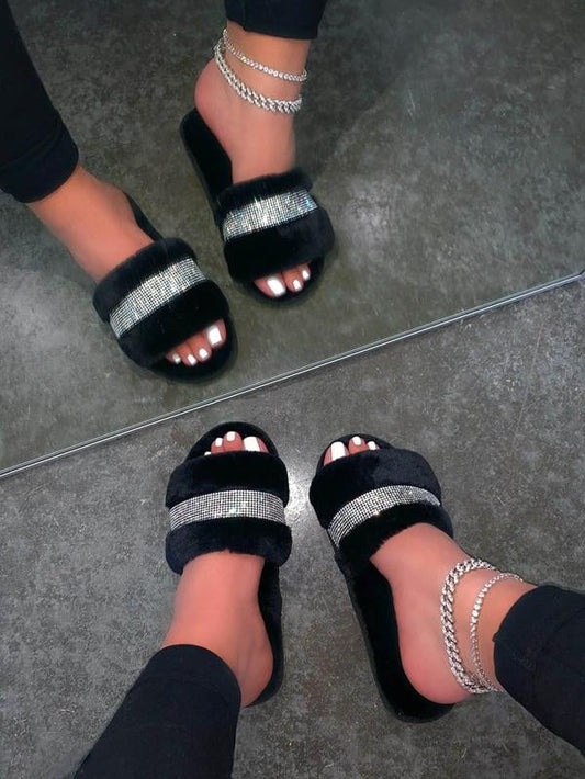 BLACK OPEN TOE RHINESTONE FAUX LEATHER SLIP ON