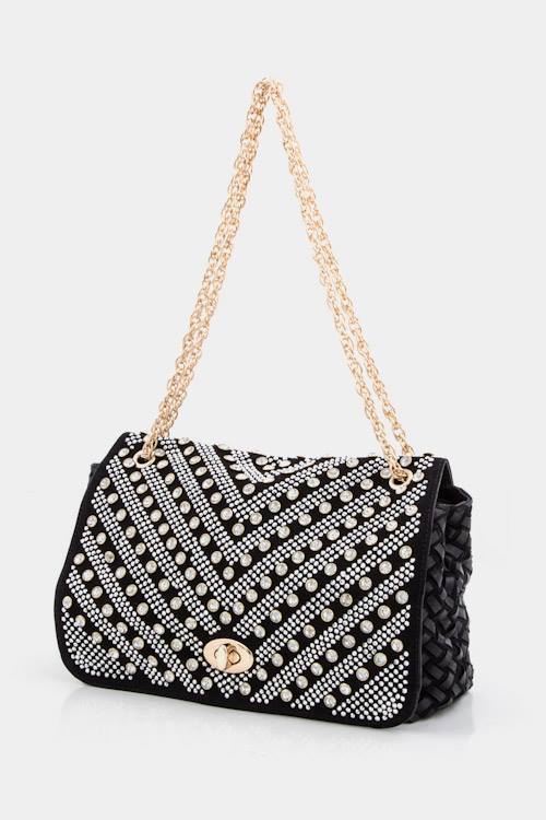 BLACK CRYSTAL EMBELLISHED WEAVED FASHION SHOULDER BAG