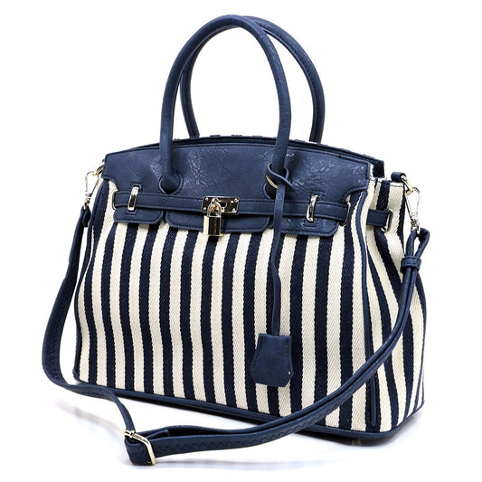 NAVY PINSTRIPE PRINT CANVAS PADLOCK ACCENT OVERSIZED SATCHEL