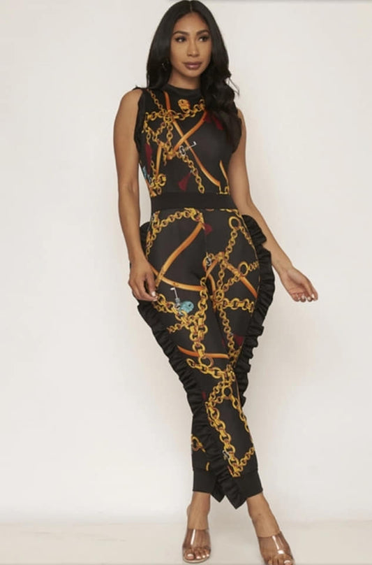 Sleeveless high neck ruffled chain print jumpsuit.