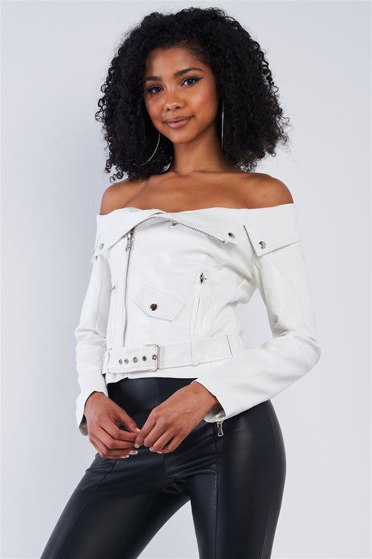 SNOWBALL WHITE VEGAN LEATHER OFF-THE-SHOULDER OBLIQUE ZIPPER BELTED CROPPED JACKET
