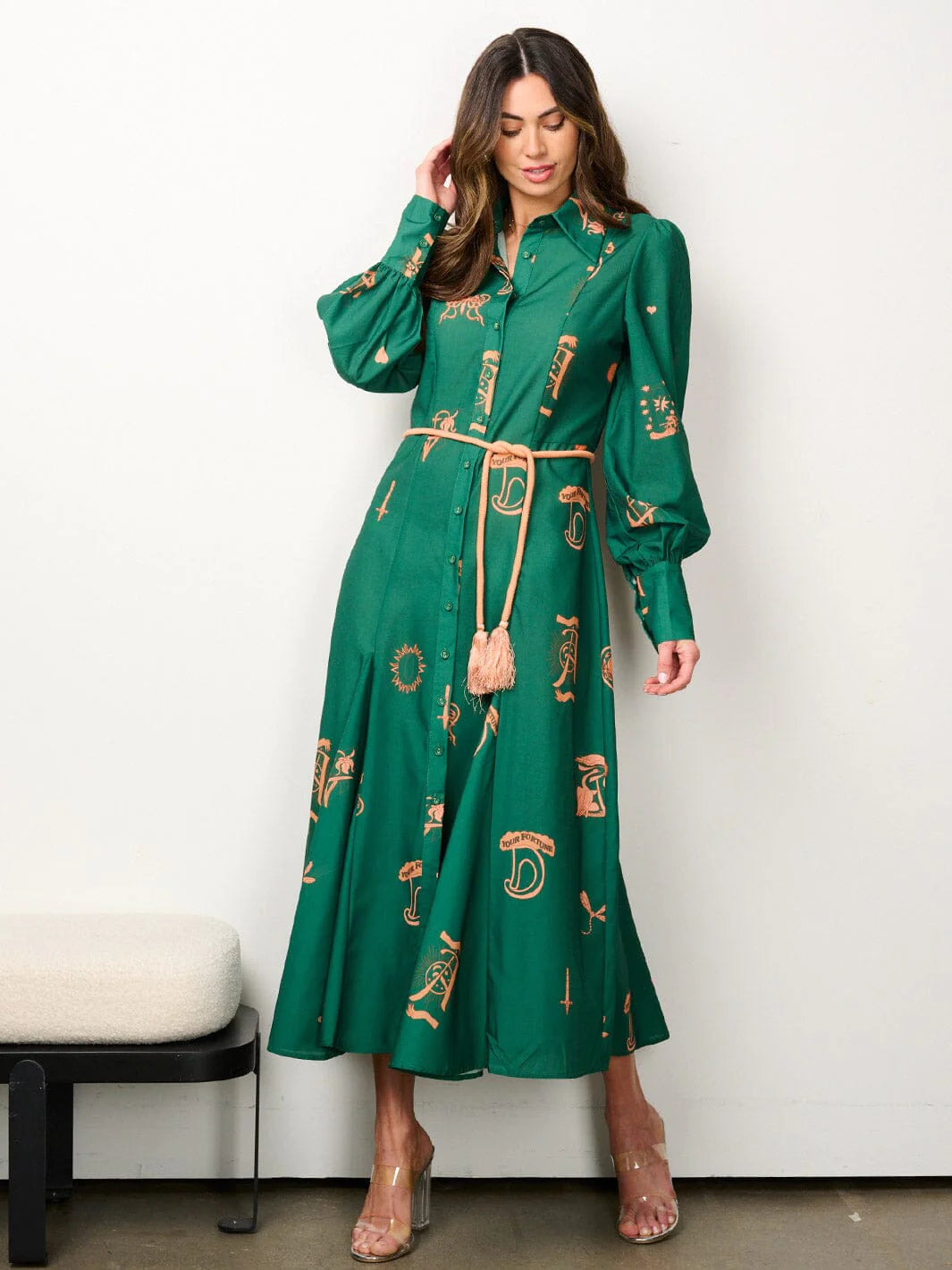 WOMEN'S LONG RUFFLE BUTTON UP MILTI PRINT SELF TIE MAXI DRESS