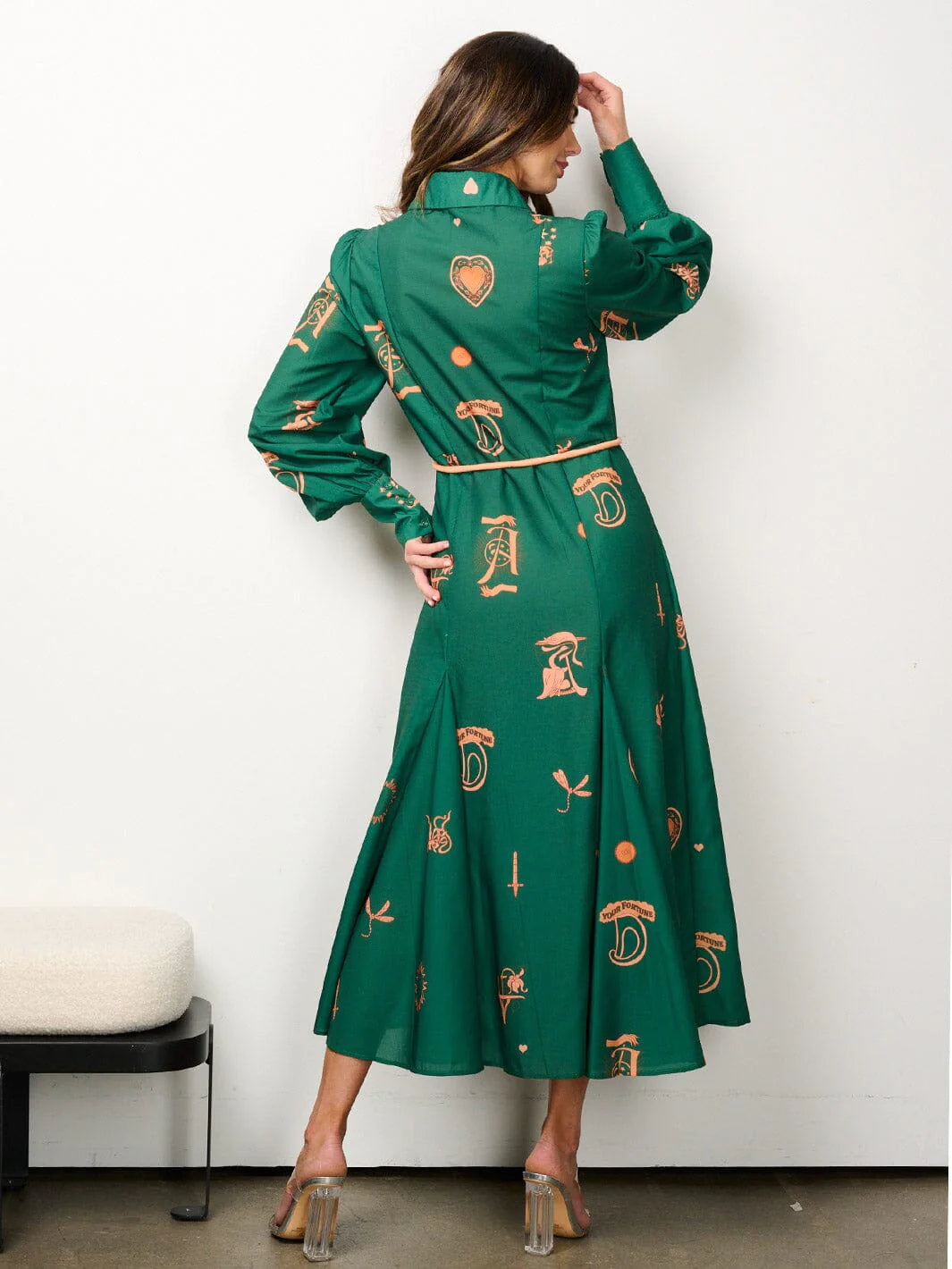 WOMEN'S LONG RUFFLE BUTTON UP MILTI PRINT SELF TIE MAXI DRESS