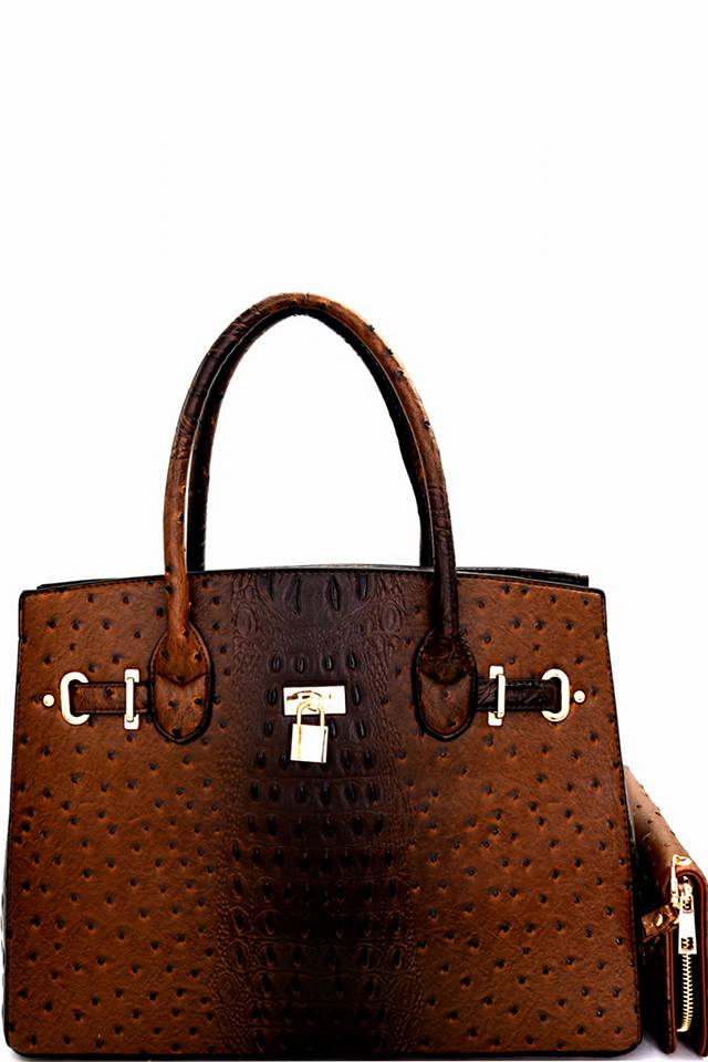 COFFEE PADLOCK ACCENT OSTRICH EMBOSSED LARGE TOTE WALLET SET