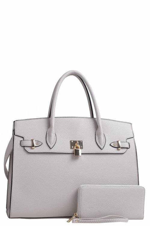 STONE PADLOCK ACCENT OSTRICH EMBOSSED LARGE TOTE WALLET SET