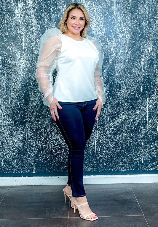 WHITE RUCHED PUFFY LONG SLEEVE PLUS TOP