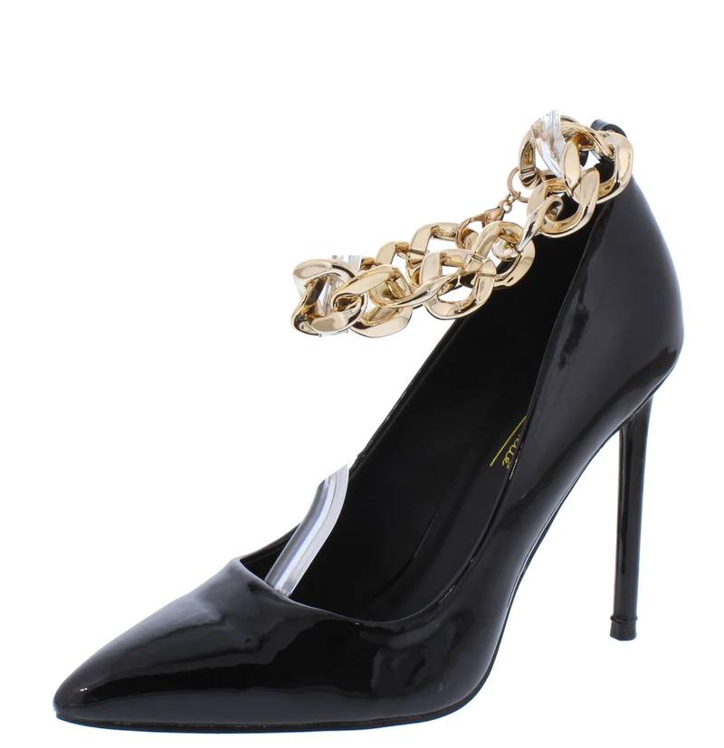 BLACK POINTY CLOSED TOE CHAIN STRAP HEELS