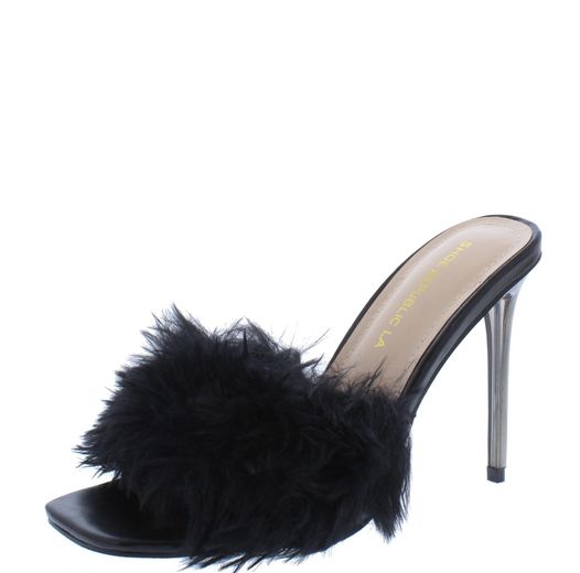 BLACK CLEAR FAUX FUR PEEP TOE SLIP ON HIGH HEELS