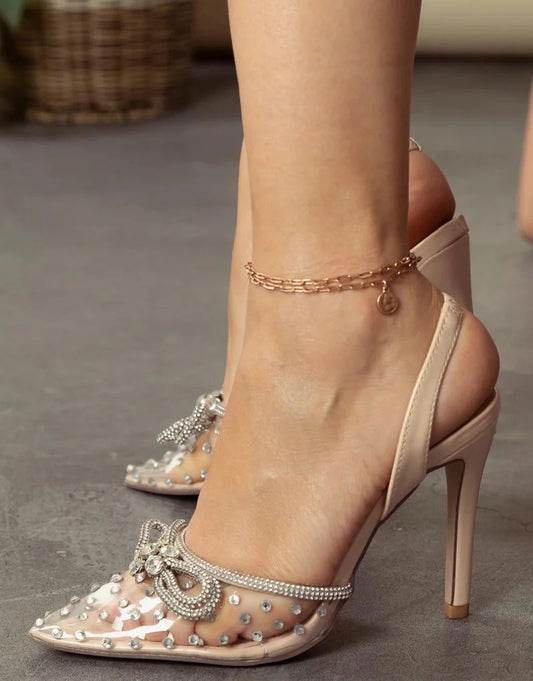 CLEAR GLAM SLING BACK RHINESTONE BOW DETAIL CLOSE TOE HIGH HEELS