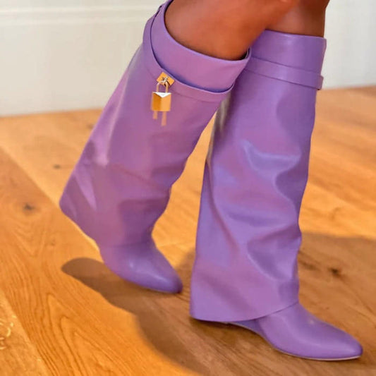 LAVENDER KNEE BELTED WEDGE BOOT WITH GOLD BUCKLE