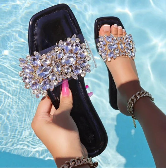 BLACK OPEN CLEAR RHINESTONE ACCENT SANDALS