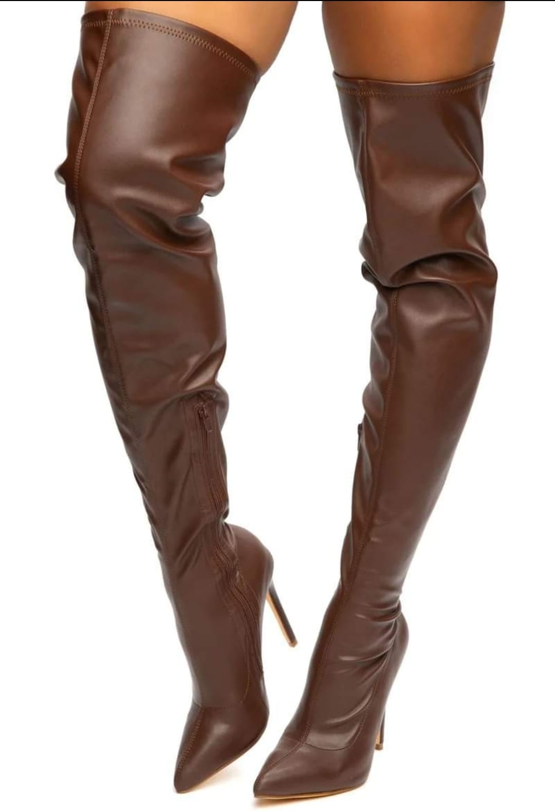 BROWN POINTY TOE THIGH HIGH BOOTS FAUX LEATHER
