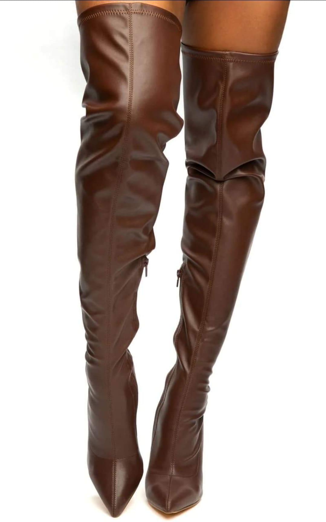 BROWN POINTY TOE THIGH HIGH BOOTS FAUX LEATHER