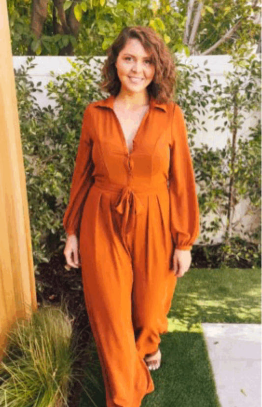 ‘ORANGE BLOSSOM’ BUTTON DOWN FLARE LEG JUMPSUIT WITH LONG BALLOON SLEEVELESS IN COGNAC