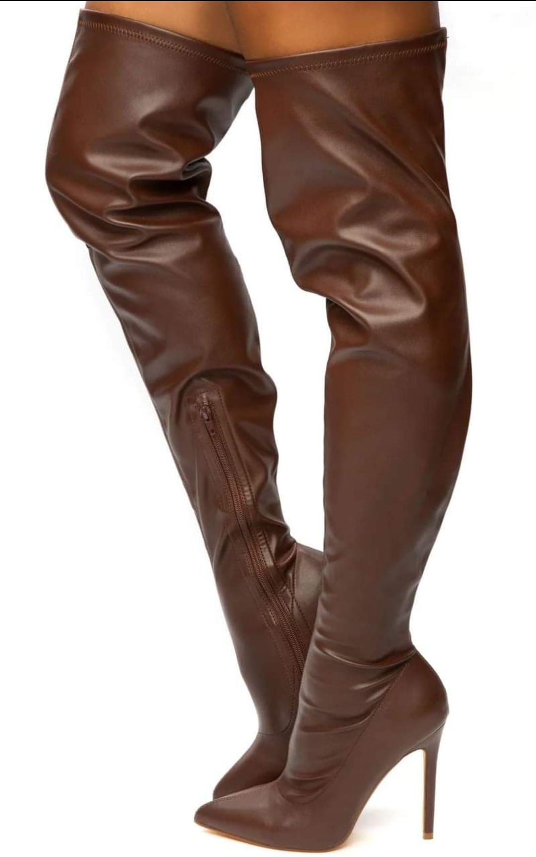 BROWN POINTY TOE THIGH HIGH BOOTS FAUX LEATHER