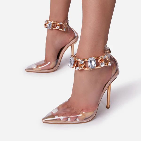 NUDE CLEAR GOLD CHAIN DETAIL ANKLE PUMP