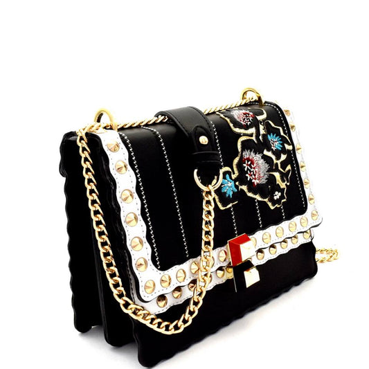 EXOTIC FLOWER EMBROIDERY STUDDED FLAP SHOULDER BAG