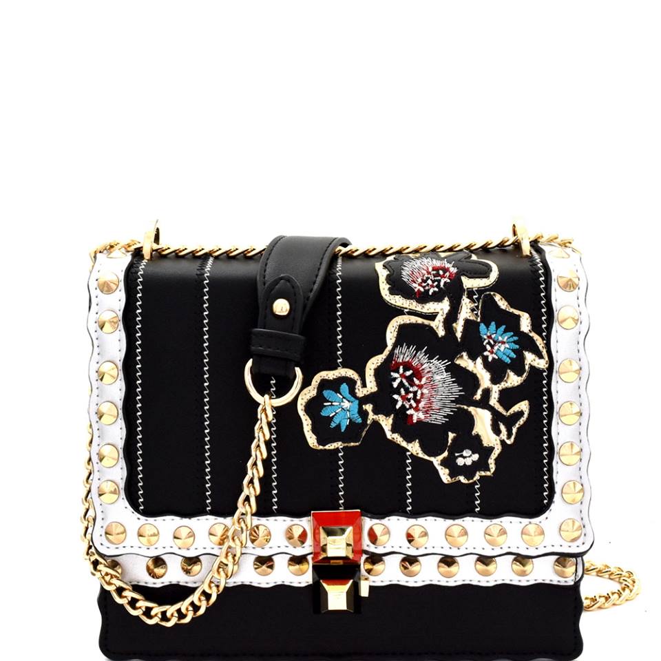 EXOTIC FLOWER EMBROIDERY STUDDED FLAP SHOULDER BAG