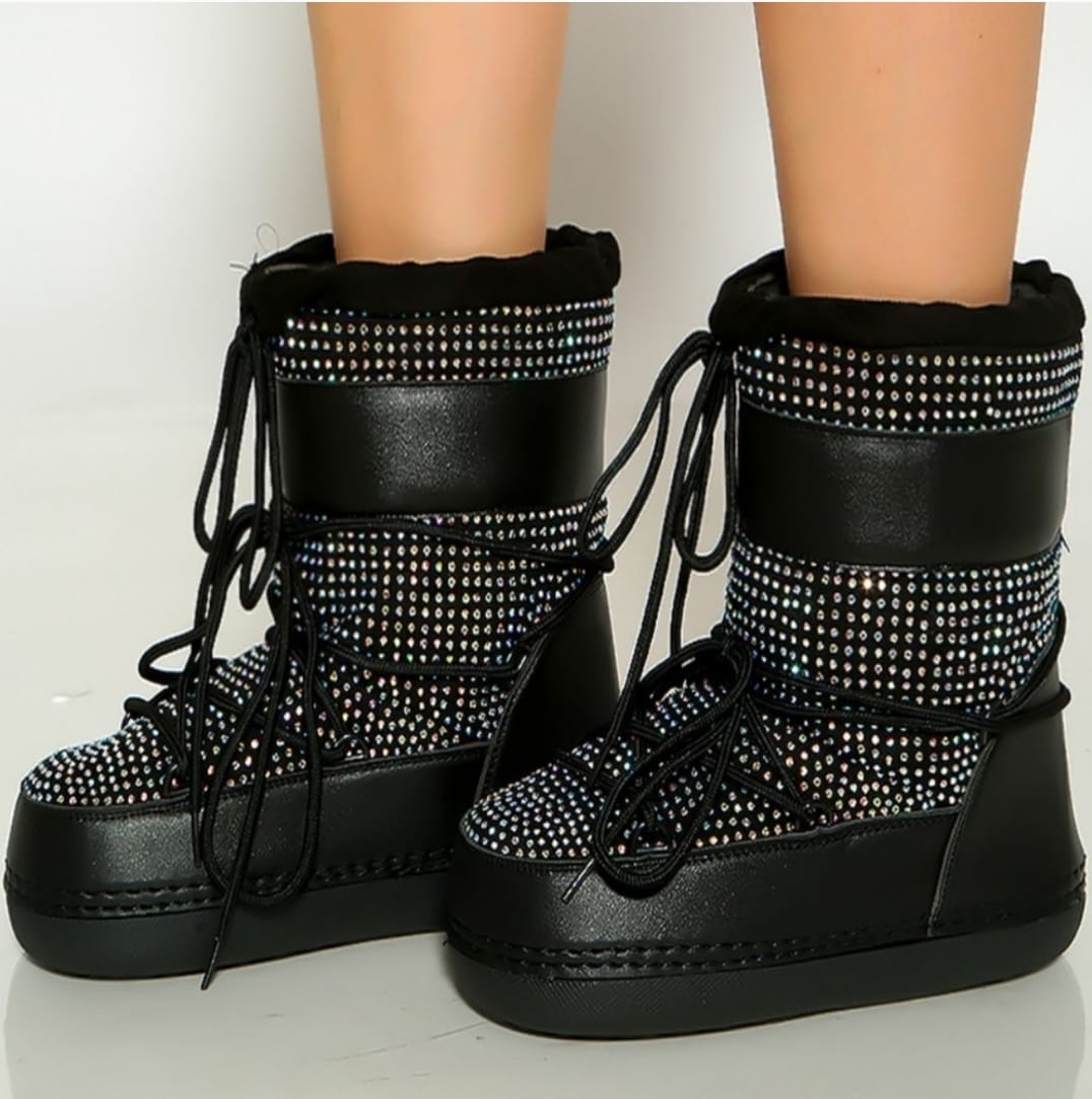 BLACK CRYSTAL RHINESTONE LACED UP BOOTIE