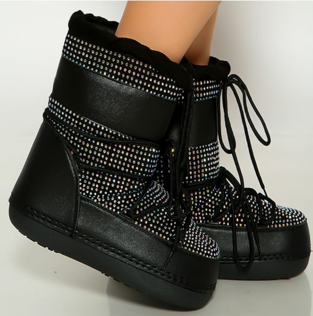 BLACK CRYSTAL RHINESTONE LACED UP BOOTIE