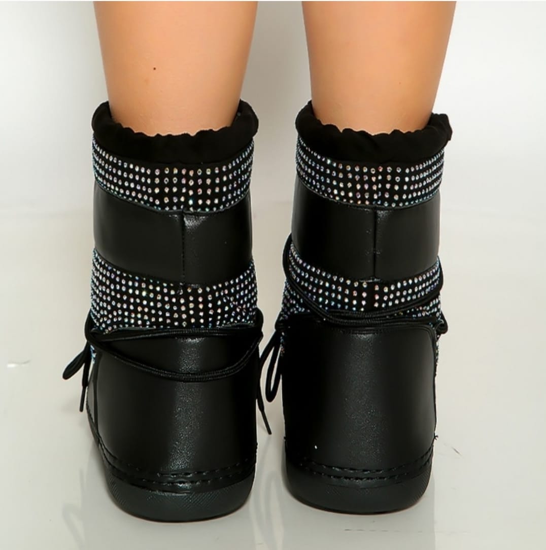 BLACK CRYSTAL RHINESTONE LACED UP BOOTIE