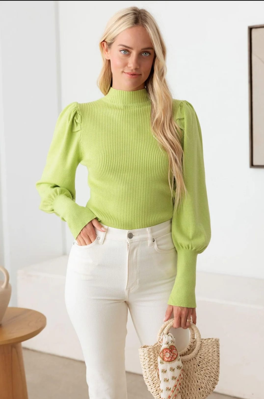 YELLOW GREEN RIBBED MOCK NECK LONG BALLON SLEEVE SWEATER TOP