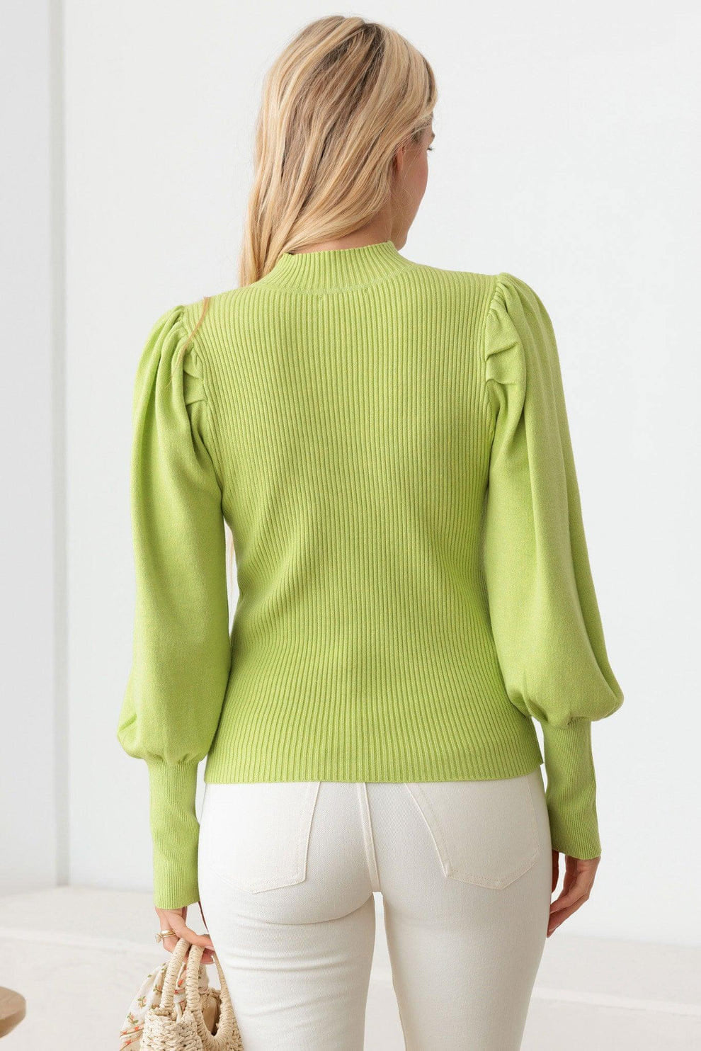 YELLOW GREEN RIBBED MOCK NECK LONG BALLON SLEEVE SWEATER TOP