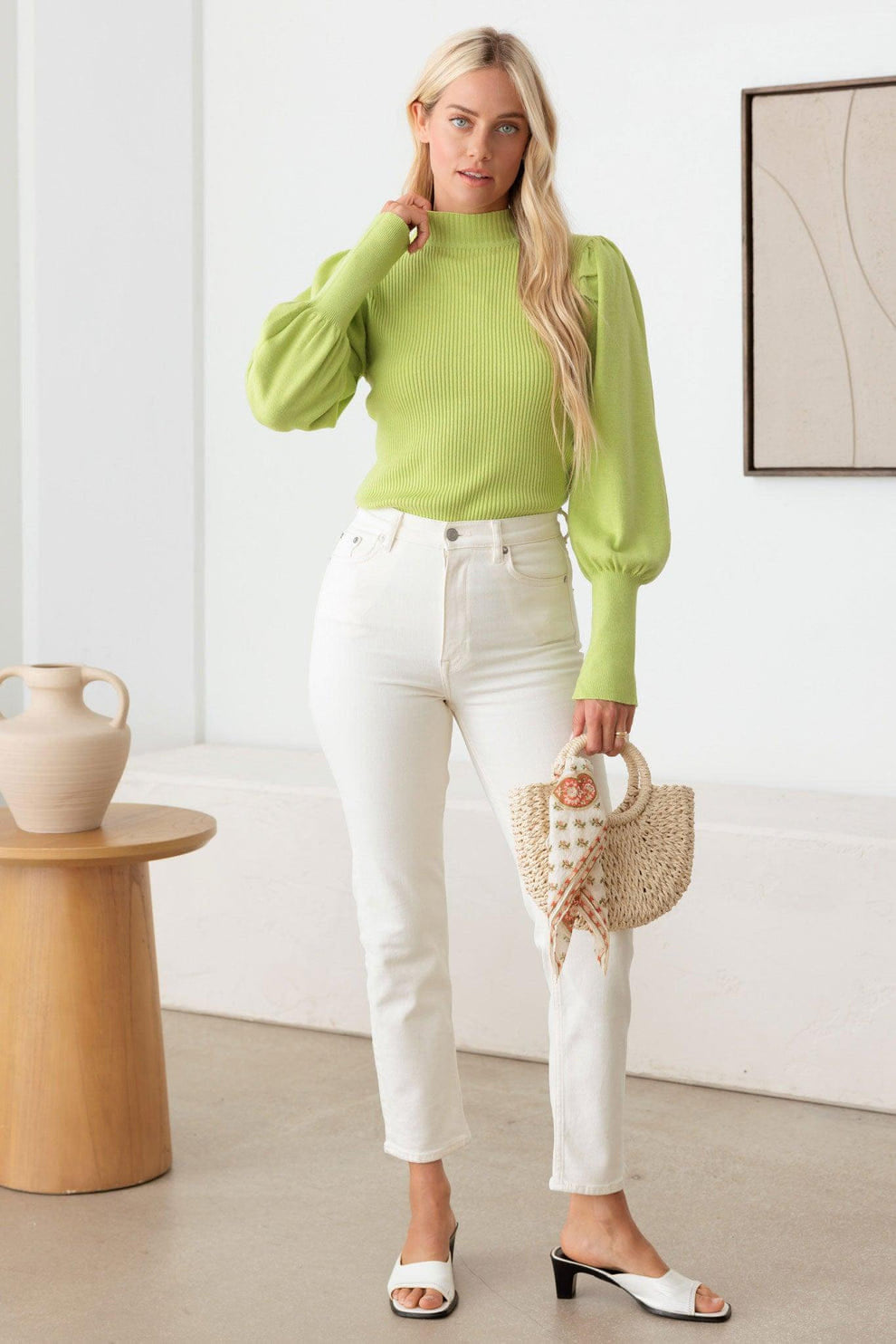 YELLOW GREEN RIBBED MOCK NECK LONG BALLON SLEEVE SWEATER TOP