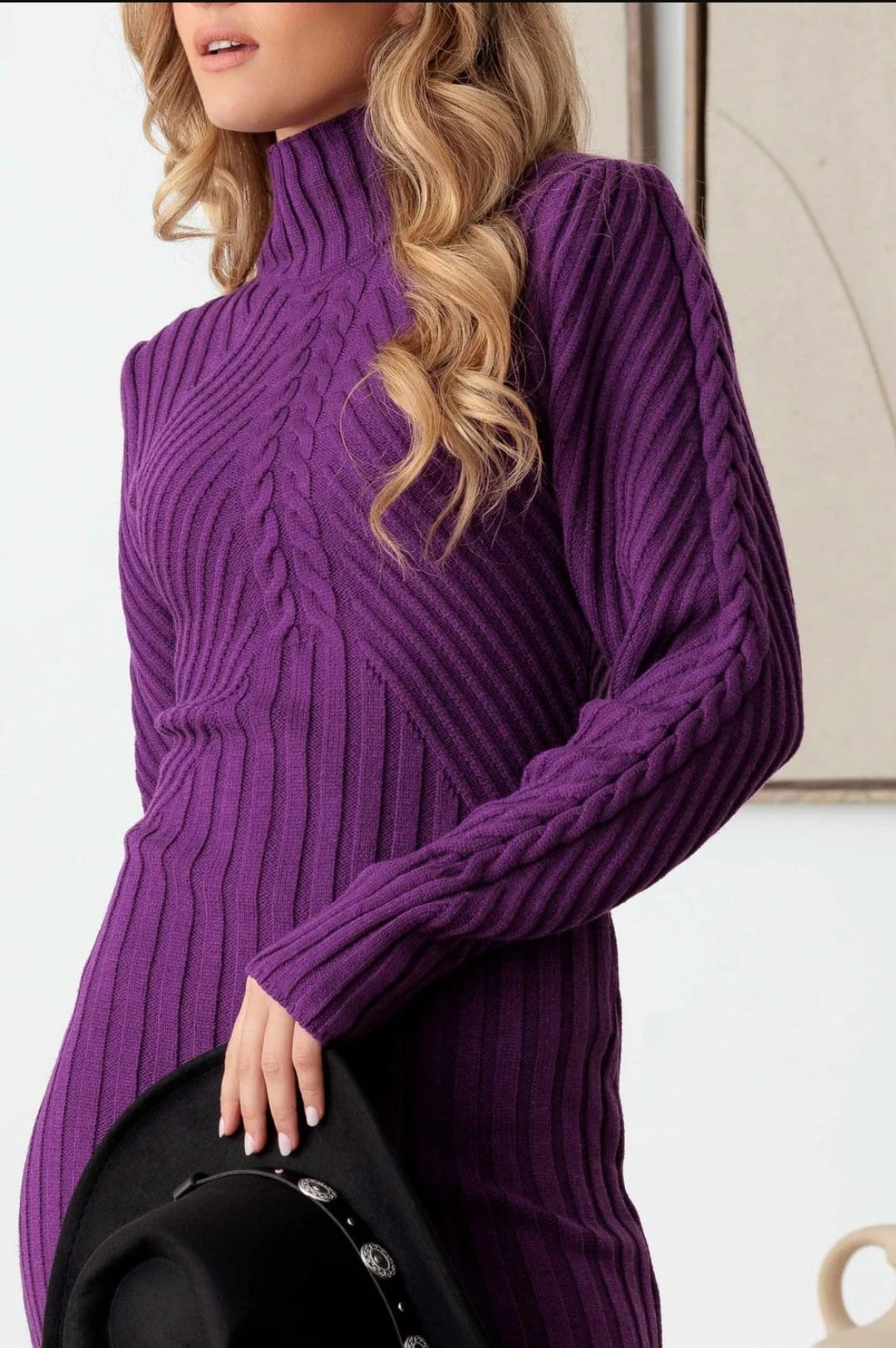CABLE PATTERN HIGH NECK LONG SLEEVE SWEATER DRESS