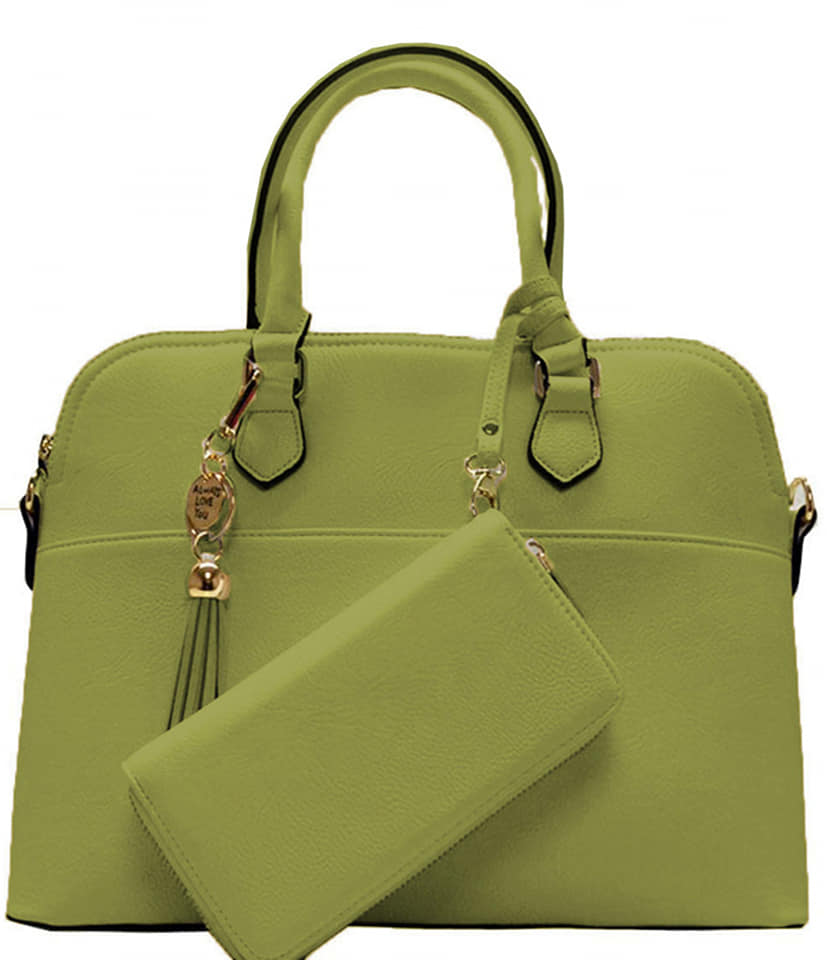 2 IN 1 DARK OLIVE FASHION SATCHEL BAG WITH TASSEL ACCENT