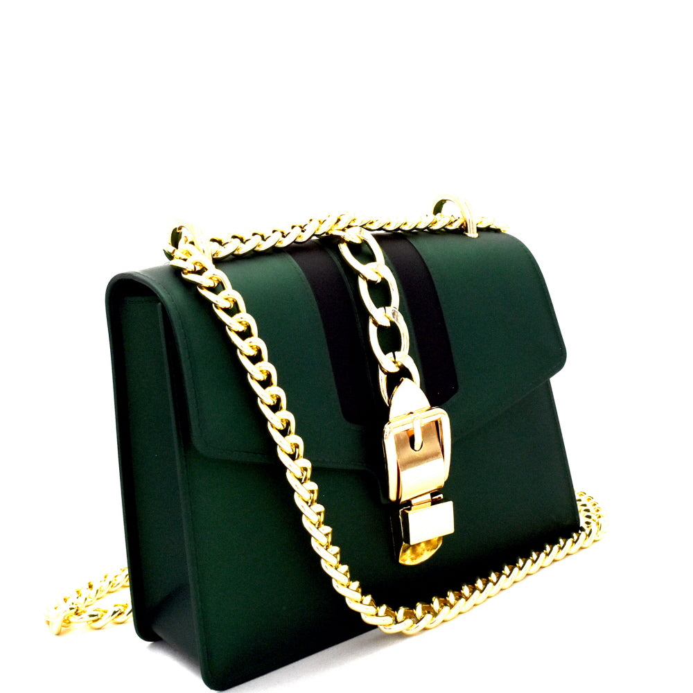 CHAIN ACCENT CENTER STRIPED JELLY 2-WAY SHOULDER BAG BLACK