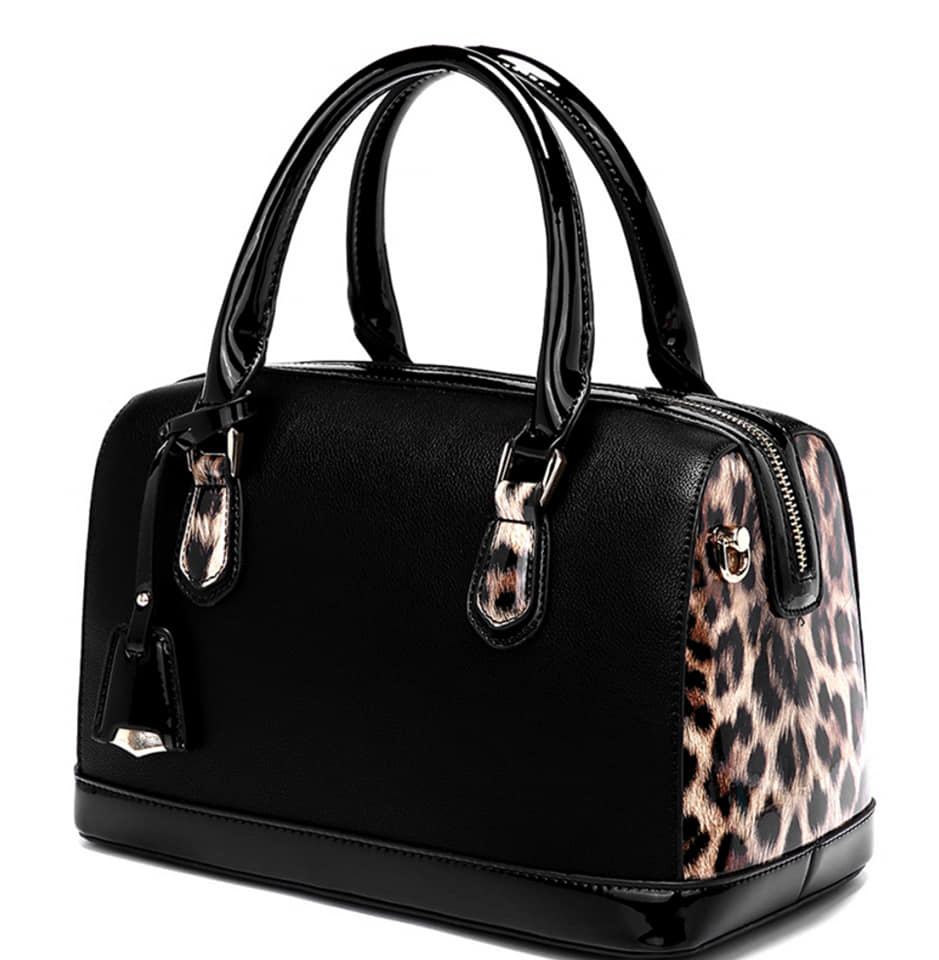 LEOPARD TRIM 2-WAY BOSTON SATCHEL WALLET SET