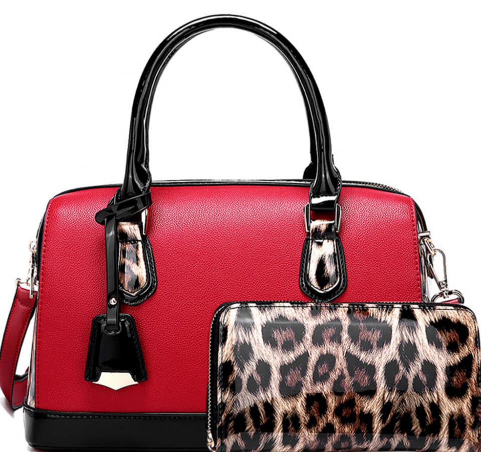LEOPARD TRIM 2-WAY BOSTON SATCHEL WALLET SET