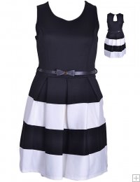 BLACK BLOCKED TEXTURED FLARED DRESS WITH BOW BELT