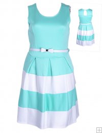 MINTY BLOCKED TEXTURED FLARED DRESS WITH BOW BELT