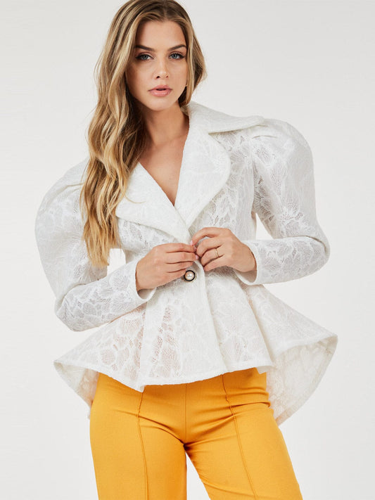 OFF WHITE LONG PUFF SLEEVE BUTTON CLOSURE HIGH-LOW JACKET