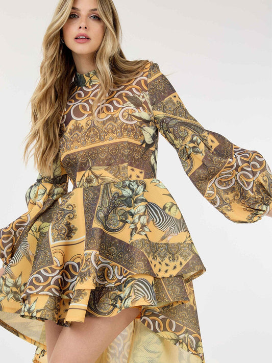 LONG BALLON SLEEVE HIGH-LOW RUFFLE MULTI PRINT MINI DRESS