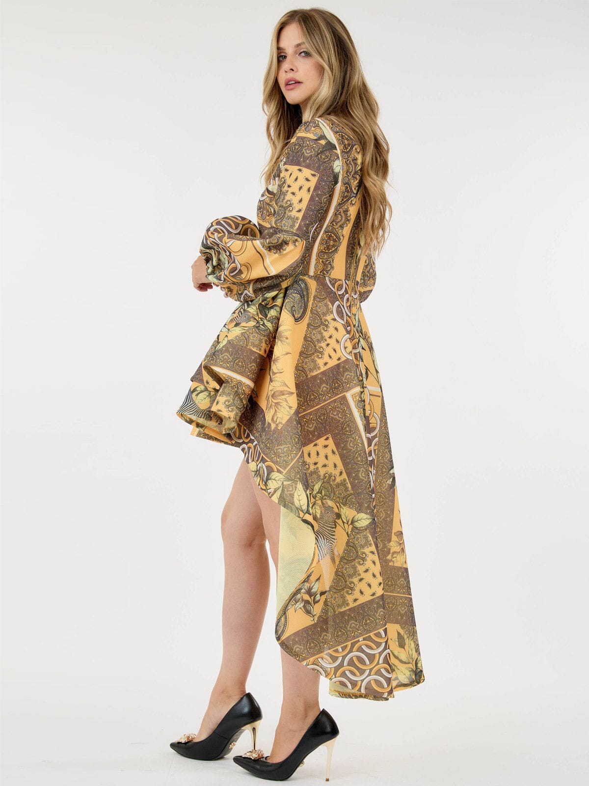 LONG BALLON SLEEVE HIGH-LOW RUFFLE MULTI PRINT MINI DRESS