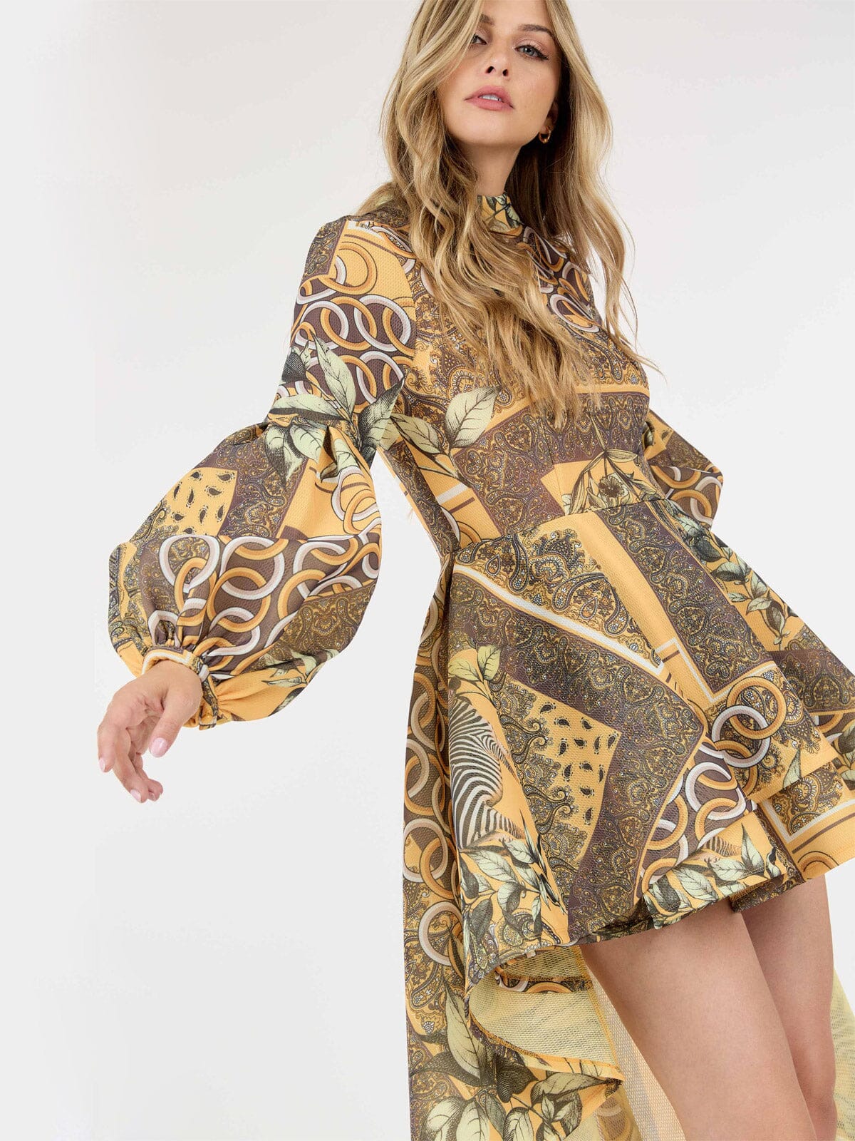 LONG BALLON SLEEVE HIGH-LOW RUFFLE MULTI PRINT MINI DRESS