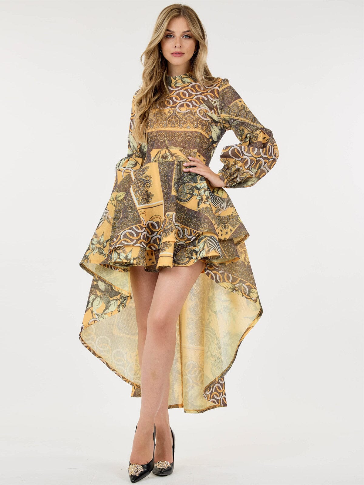 LONG BALLON SLEEVE HIGH-LOW RUFFLE MULTI PRINT MINI DRESS