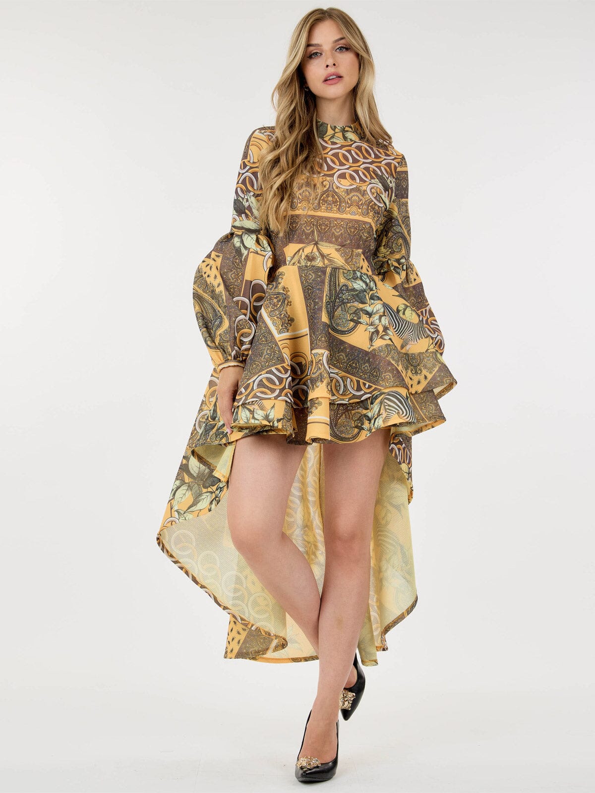 LONG BALLON SLEEVE HIGH-LOW RUFFLE MULTI PRINT MINI DRESS