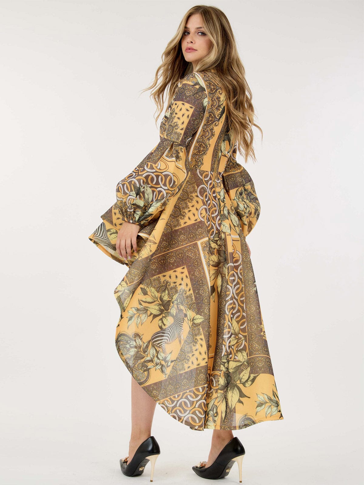 LONG BALLON SLEEVE HIGH-LOW RUFFLE MULTI PRINT MINI DRESS