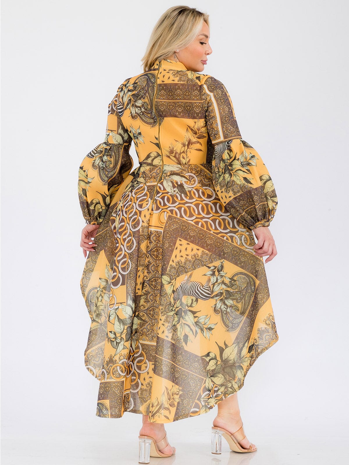 LONG BALLON SLEEVE HIGH-LOW RUFFLE MULTI PRINT MINI DRESS