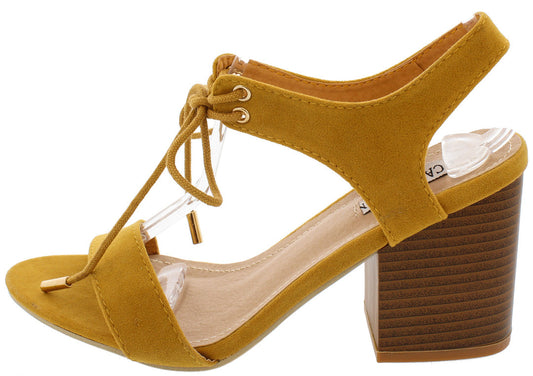 MUSTARD OPEN TOE LACE UP CHUNKY HEEL