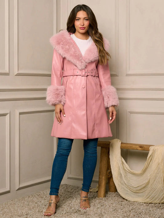 MAUVE WOMEN'S LONG SLEEVE BUTTON CLOSURE PU PLEATHER BELTED COAT