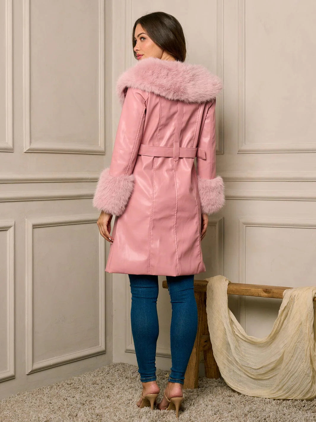 MAUVE WOMEN'S LONG SLEEVE BUTTON CLOSURE PU PLEATHER BELTED COAT